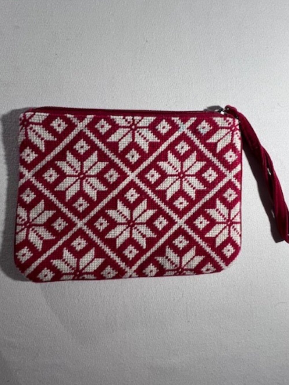 LANDS' END Needlepoint Geometric Nordic Pouch Red and White Velvet back